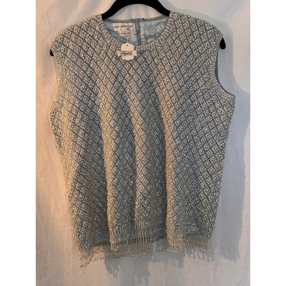 Vintage Hand Beaded Wool Sweater Vest Crystal Fringe Lt Blue Size L 1960's